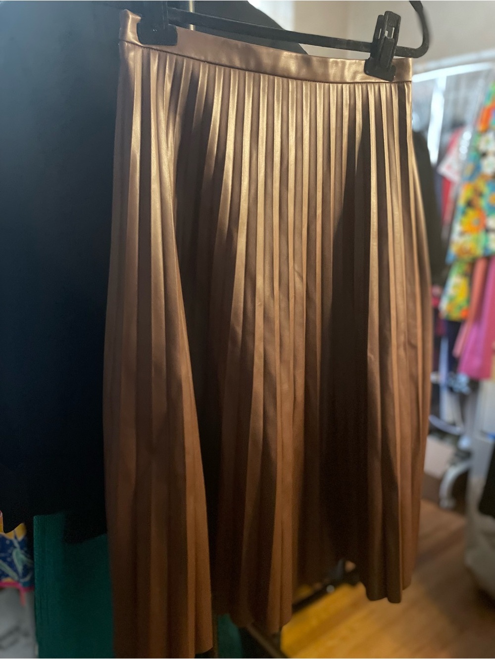 bagatelle Chocolate Vegan Leather  Pleated Midi Skirt